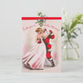 Kerstmeisje uit het verleden danst met kerstman feestdagenkaart (Staand voorkant)