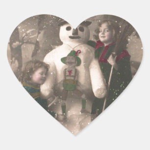 Kerstmeisjes en Snowman  Foto Hart Sticker