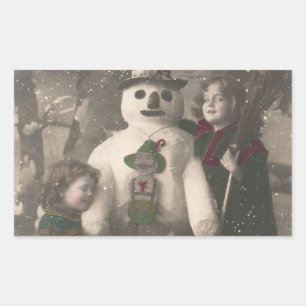 Kerstmeisjes en Snowman  Foto Rechthoekige Sticker