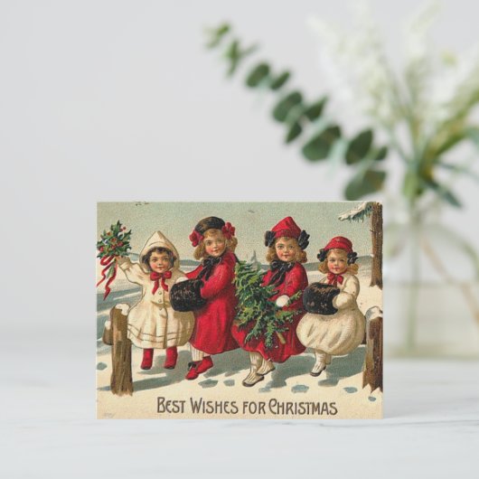  kerstmeisjes in de sneeuw feestdagenkaart (Staand voorkant)