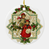 Kerstmeisjes op geborduurde  sneeuwvlok keramisch ornament (Achterkant)