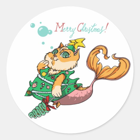 Kerstmermaid Cat Ronde Sticker (Voorkant)