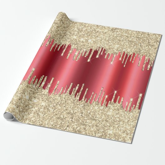 Kerstmetallisch rood & dripend 14k Gold Glitter Cadeaupapier (Uitgerold)