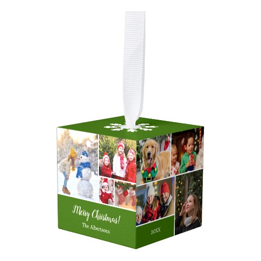 Kerstmis 15 Fotocollage met familienaam Groen Decoratie (Voorkant hoekig)