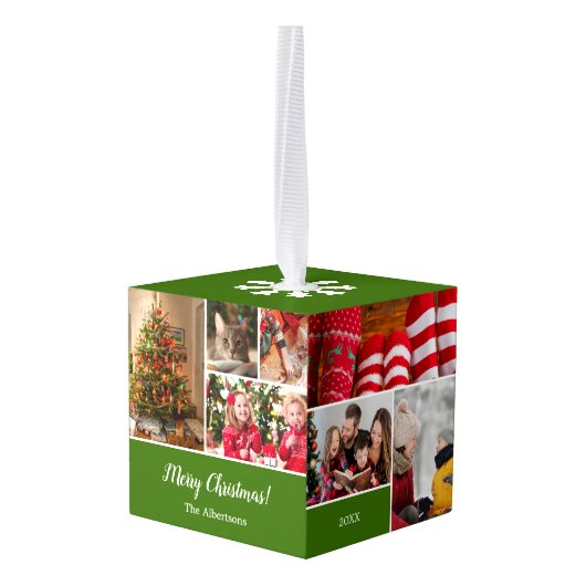 Kerstmis 15 Fotocollage met familienaam Groen Decoratie (Achter hoekig)