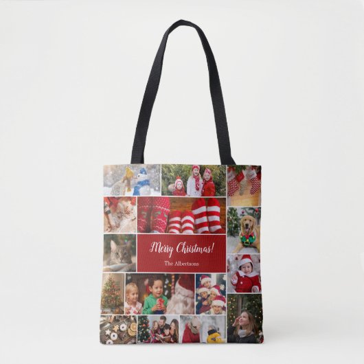 Kerstmis 15 Fotocollage met familienaam Rood Tote Bag (Voorkant)