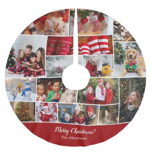 Kerstmis 16 Fotocollage met familienaam Rood Kerstboom Rok (Voorkant)