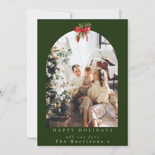 Kerstmis 1 foto boog loof rode boog feestdagenkaart (Voorkant)