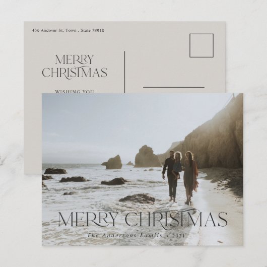 Kerstmis 1 foto moderne typografie grijs elegant briefkaart (Voorkant / Achterkant)