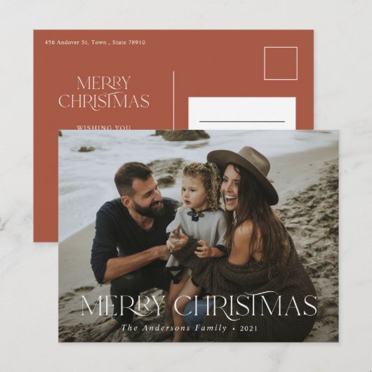Kerstmis 1 foto terracotta moderne typografie briefkaart (Voorkant / Achterkant)