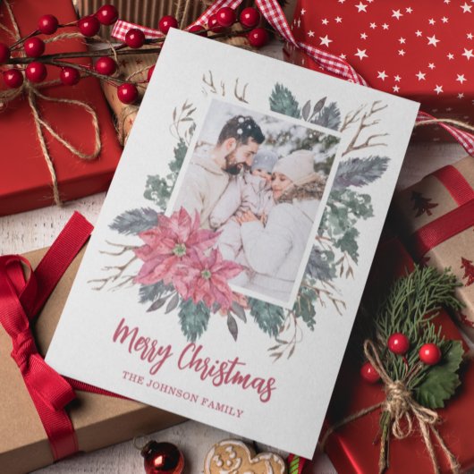 Kerstmis 1 foto waterverf poinsettia botanisch feestdagenkaart
