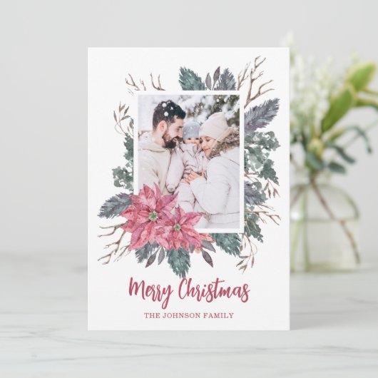 Kerstmis 1 foto waterverf poinsettia botanisch feestdagenkaart (Staand voorkant)