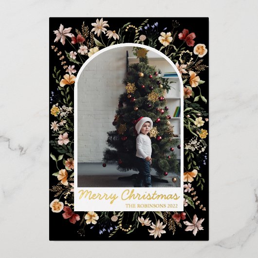 Kerstmis 1 Fotoplein Botanical Floral Real Gold Folie Feestdagenkaart (Voorkant)