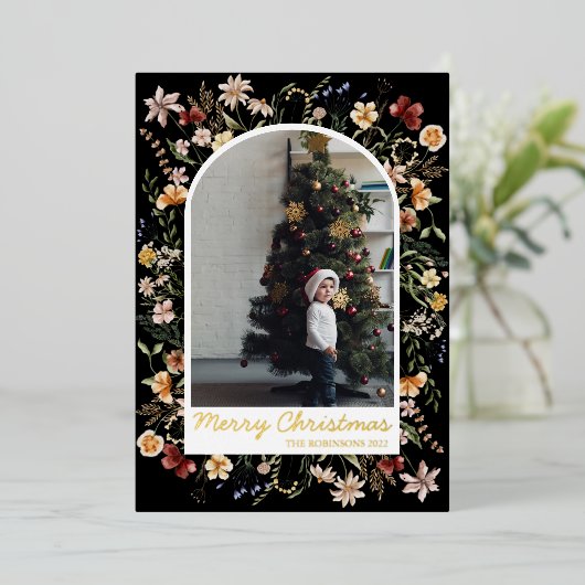 Kerstmis 1 Fotoplein Botanical Floral Real Gold Folie Feestdagenkaart (Staand Voorkant)