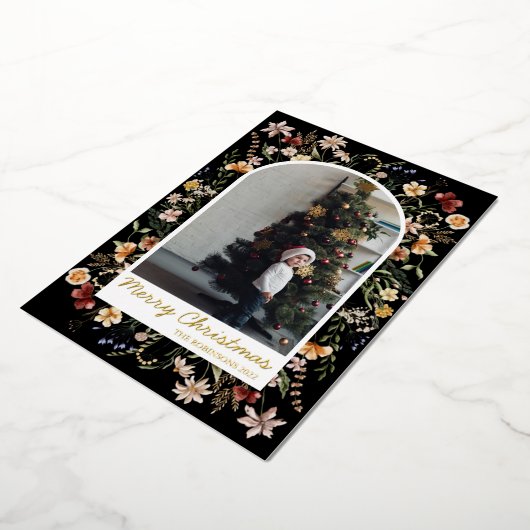 Kerstmis 1 Fotoplein Botanical Floral Real Gold Folie Feestdagenkaart (Gedraaid)