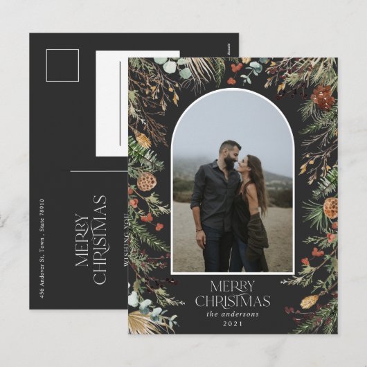 Kerstmis 1 waterverf botanische flora feestdagenkaart (Voorkant / Achterkant)