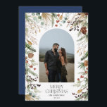 Kerstmis 1 waterverf botanische flora feestdagenkaart<br><div class="desc">Droom Kerstmis moderne elegante waterverf droegen botanische florale gedempte kleuren op feestboog 1 foto kerstkaart. Navy blue backer.</div>