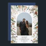 Kerstmis 1 waterverf botanische flora feestdagenkaart<br><div class="desc">Droom Kerstmis moderne elegante waterverf droegen botanische florale gedempte kleuren op feestboog 1 foto kerstkaart. Navy blue backer.</div>