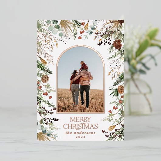 Kerstmis 1 waterverf botanische flora folie feestdagenkaart (Staand Voorkant)