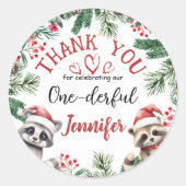 Kerstmis 1e verjaardag Winter Woodland Dank u Ronde Sticker (Voorkant)
