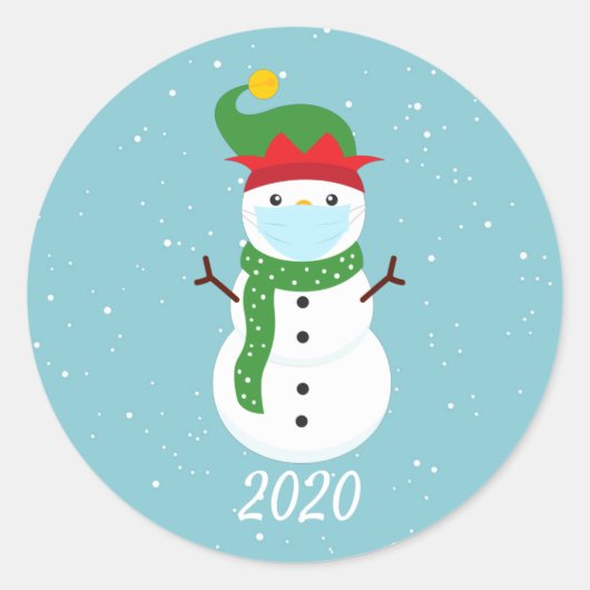 Kerstmis 2020 Gezichtsmasker Sneeuwman Quarantaine Ronde Sticker (Voorkant)