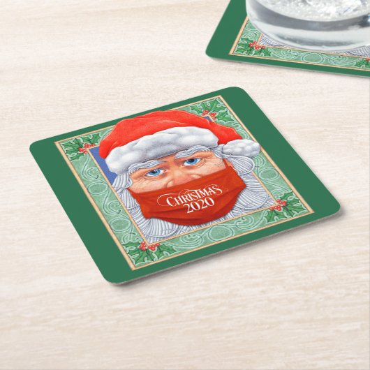Kerstmis 2020 Kerstman in Masker Kartonnen Onderzetters (Schuin)