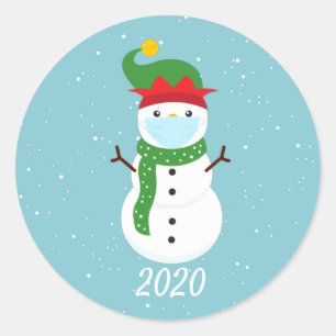 Kerstmis 2020 Mondkapje Sneeuwman Quarantaine Ronde Sticker