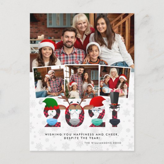Kerstmis 2021 | Funny Grumpy Face Maskers 4 Foto's Briefkaart (Voorkant)