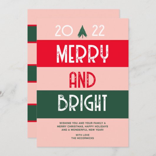 Kerstmis 2022 Retro Merry en helder roze rood Feestdagenkaart (Voorkant / Achterkant)