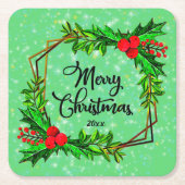 Kerstmis 20xx Holly Red Berries Modern Green Kartonnen Onderzetters (Voorkant)