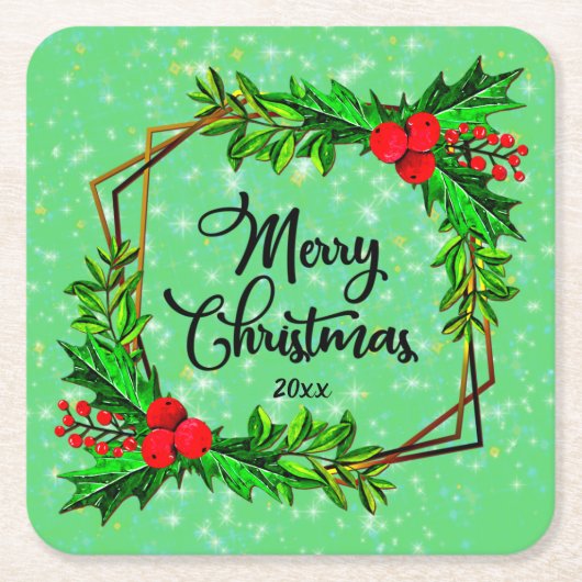 Kerstmis 20xx Holly Red Berries Modern Green Kartonnen Onderzetters (Voorkant)