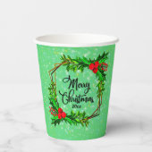 Kerstmis 20xx Holly Red Berries Modern Green Papieren Bekers (Achterkant)