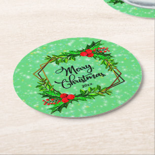 Kerstmis 20xx Holly Red Berries Modern Green Ronde Kartonnen Onderzetter