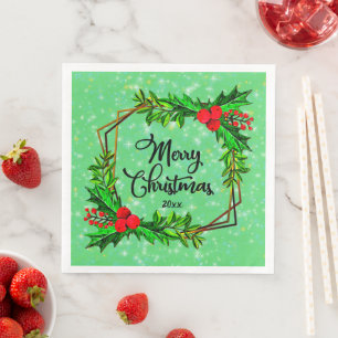 Kerstmis 20xx Holly Red Berries Modern Green Servet