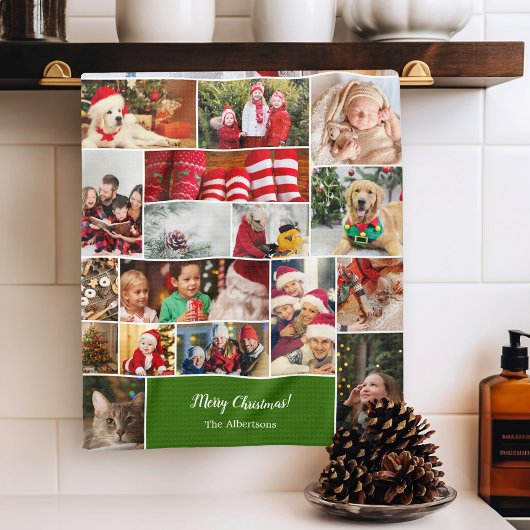 Kerstmis 22 Fotocollage met familienaam Groen Theedoek