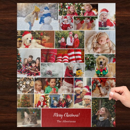 Kerstmis 22 Fotocollage met familienaam Rood Legpuzzel