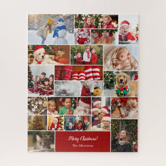 Kerstmis 22 Fotocollage met familienaam Rood Legpuzzel (Verticaal)