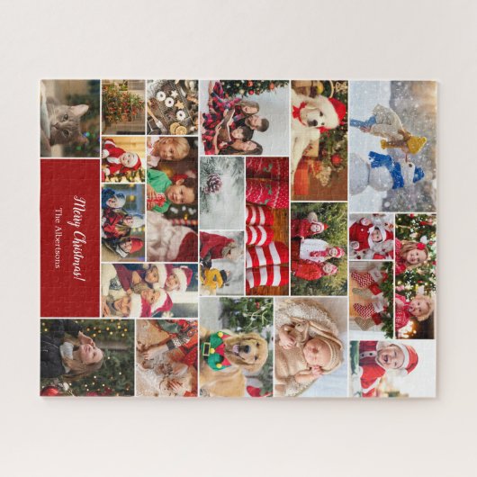 Kerstmis 22 Fotocollage met familienaam Rood Legpuzzel (Horizontaal)