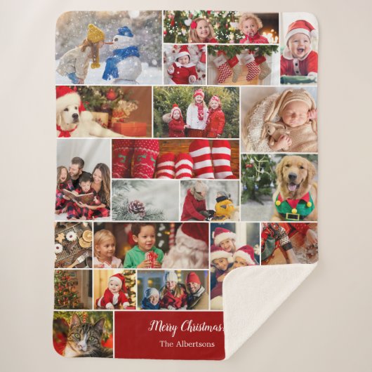 Kerstmis 22 Fotocollage met familienaam Rood Sherpa Deken (Voorkant)
