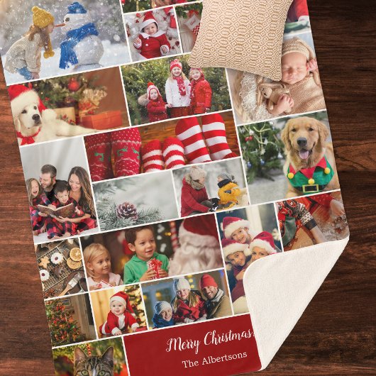 Kerstmis 22 Fotocollage met familienaam Rood Sherpa Deken