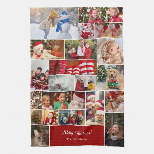 Kerstmis 22 Fotocollage met familienaam Rood Theedoek (Verticaal)