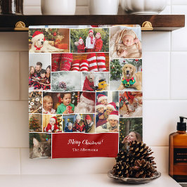 Kerstmis 22 Fotocollage met familienaam Rood Theedoek