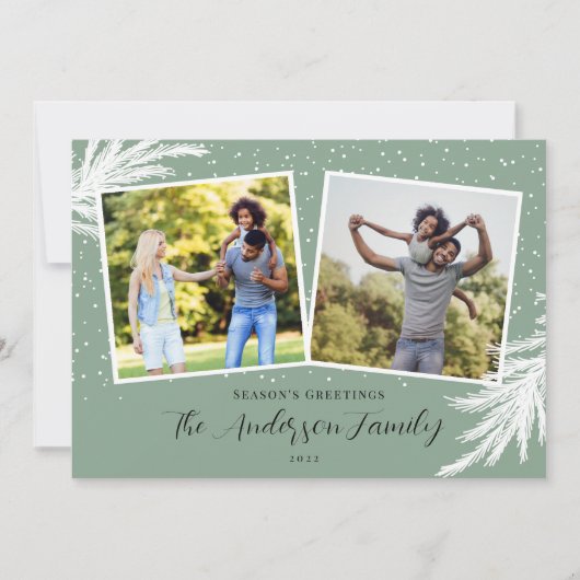 Kerstmis 2 Foto's Script Sneeuwgroen Feestdagenkaart (Voorkant)