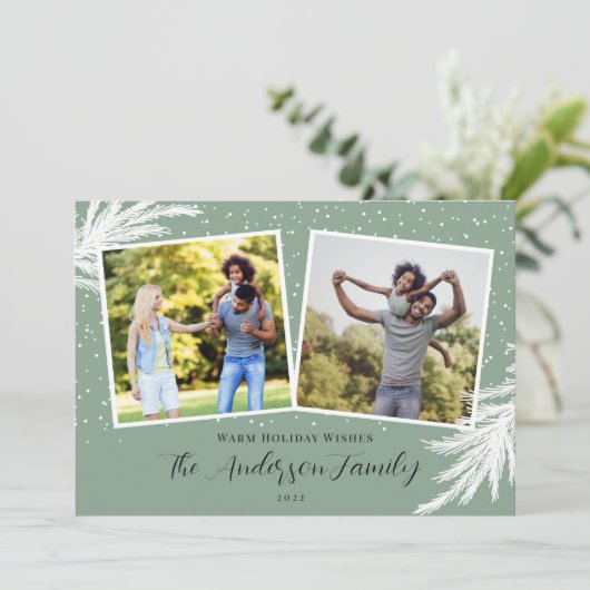 Kerstmis 2 Foto's Script Sneeuwgroen Feestdagenkaart (Staand voorkant)