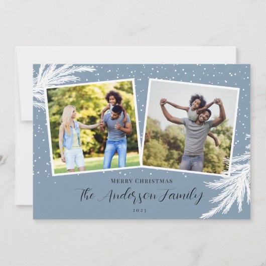 Kerstmis 2 Foto's Sneeuwblauw Feestdagenkaart (Voorkant)