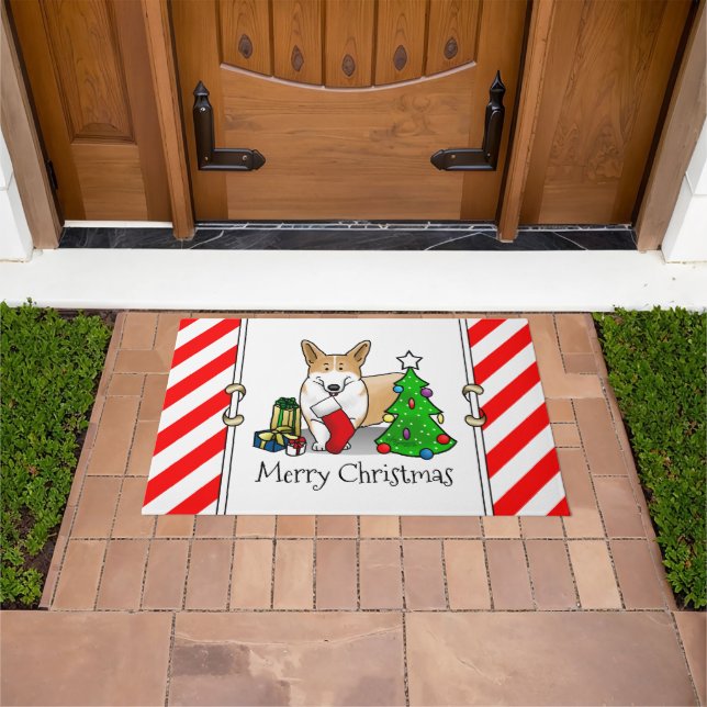 Kerstmis 2 Pembroke Welsh Corgi (rode 1) Boom Cute Deurmat (Buiten)