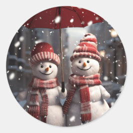 Kerstmis 2 Sneeuwmannen 1 Paraplu Sneeuwpaar Ronde Sticker
