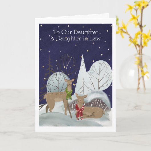 Kerstmis 2 Vrouw Deer Snow Scene op maat gemaakt Kaart (Gele Bloem)