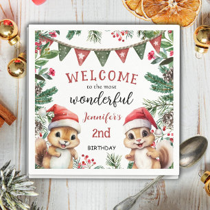 Kerstmis 2e verjaardag Schattige winter eekhoorn Servet