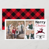 Kerstmis 3 Familie Foto Red Plaid Rendier Feestdagenkaart (Voorkant / Achterkant)